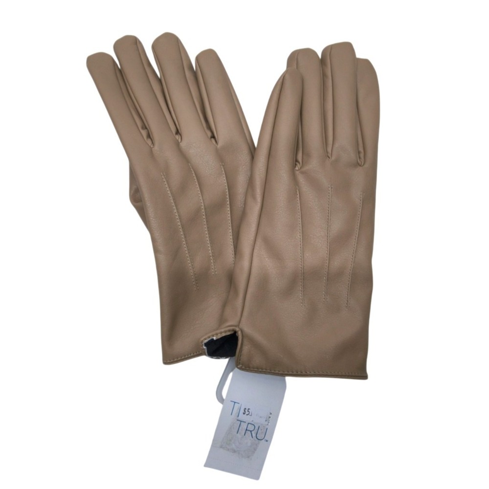 Time & Tru Women's 3 Point Solid Tan Lined Faux Leather Winter Gloves L/XL NWT